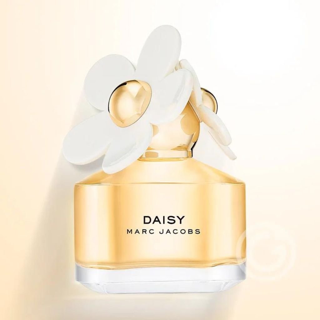 Perfume Daisy, de Marc Jacobs, frasco bonito com tampa de flores.