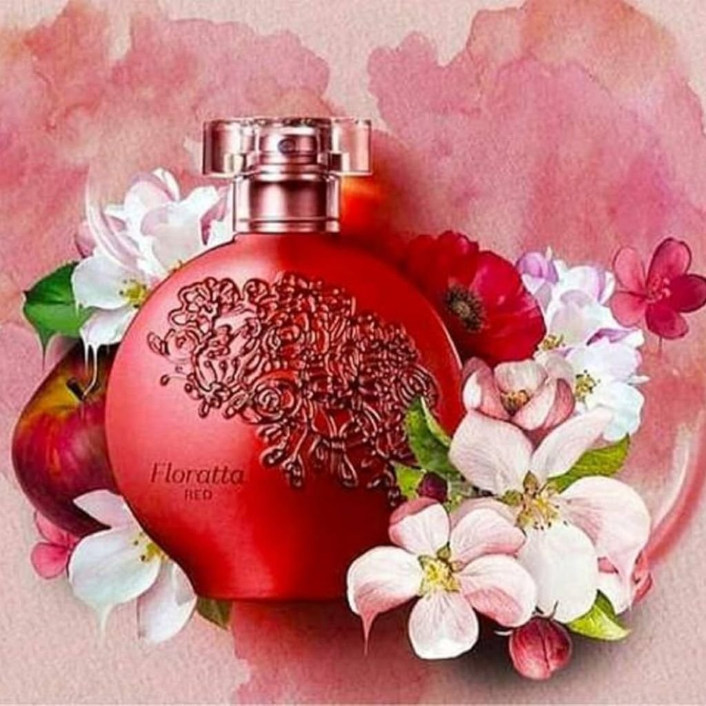 Perfume Floratta Red, de O Boticário, um dos perfumes nacionais femininos muito sedutores (frasco vermelho envolto por flores e frutas que são a base dessa fragrância).